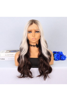 Kumral / Beyaz Platin Ombre Uçlar Kahverengi Su Dalgalı Tül Peruk