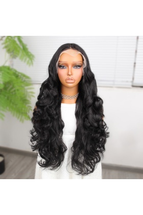 Gür Yoğun Su Dalgalı Siyah Fiber Sentetik Uzun Tül Peruk