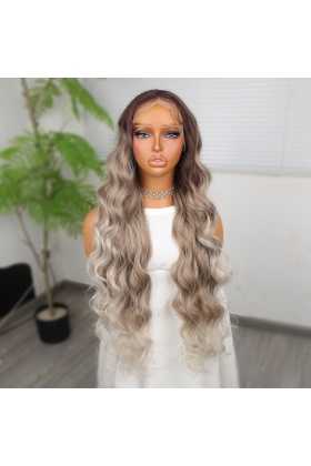 Rus Kumralı Beyaz Platin Ombreli Işıltılı Ekstra Uzun Fiber Sentetik Dalgalı Tül Peruk