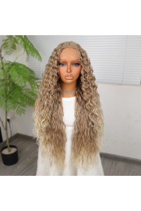 Yoğun Dalga Kumral Platin Röfleli Fiber Sentetik Geniş T Tül Peruk