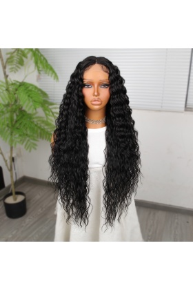 Ekstra Uzun Yoğun Afro Dalga Siyah Fiber Sentetik Geniş T Tül Peruk