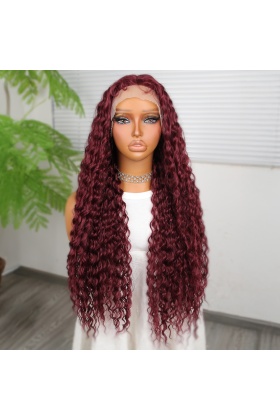 Afro Dalga Koyu Kızıl Fiber Sentetik T Tül Peruk