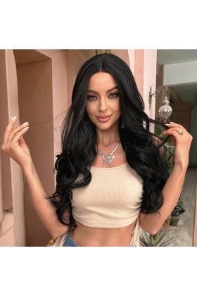 Uzun Siyah Su Dalgalı Tül Peruk