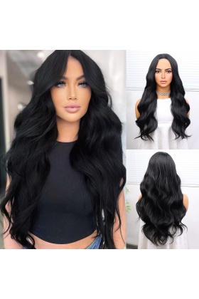 Uzun Siyah Su Dalgalı Fiber Sentetik Tül Peruk