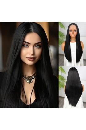 Siyah Fiber Sentetik Düz Tül Peruk