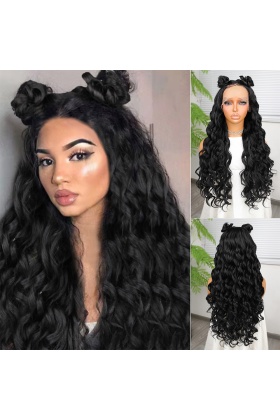 Siyah Fiber Sentetik Yoğun Dalgalı Tül Peruk