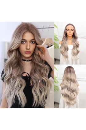 Rus Kumralı Beyaz Platin Ombre  ve Röfleli Fiber Sentetik Geniş Dalgalı Tül Peruk