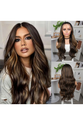 Koyu Kestane Karamel Işıltılı Fiber Sentetik Geniş Dalgalı Tül Peruk