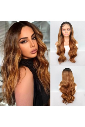 Siyah Karamel Balköpüğü Ombre Fiber Sentetik Geniş Dalgalı Tül Peruk