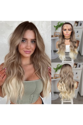 Bebek Kumralı Platin Ombre  ve Röfleli Fiber Sentetik Geniş Dalgalı Tül Peruk