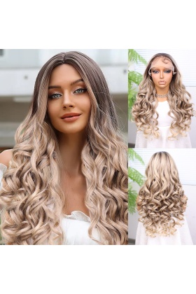 Kumral Platin Ombre Bebek Saçlı Fiber Sentetik Yoğun Dalgalı Tül Peruk