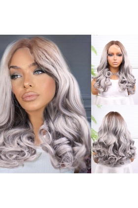 Açık Kumral Gri Ombreli Bebek Saçlı Geniş Dalgalı Fiber Sentetik Tül Peruk