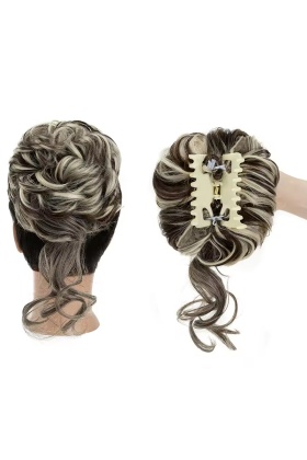 Tokalı Kuyruklu Dağınık Topuz  - Koyu Kahve Platin Röfleli