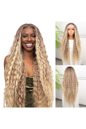 Afro Dalga Kumral Balköpüğü Ombre ve Röfleli Fiber Sentetik Tül Peruk