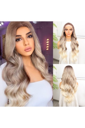 Kumral Platin Ombre  ve Röfleli Fiber Sentetik Geniş Dalgalı Tül Peruk