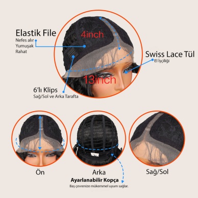 Yoğun Dalga Siyah Fiber Sentetik Geniş T Tül Peruk