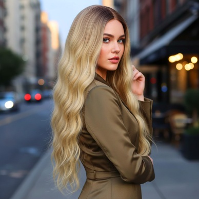 Fiber Sentetik Uzun Su Dalgası Peruk - Kumral / Sarı Ombreli