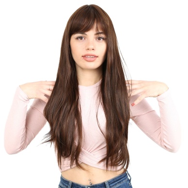 Fiber Sentetik Uzun Düz Kahküllü Peruk - Kahve  Karamel