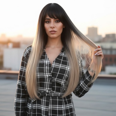 Fiber Sentetik Uzun Düz Kahküllü Peruk - Siyah / Küllü Bebek Sarı Ombreli