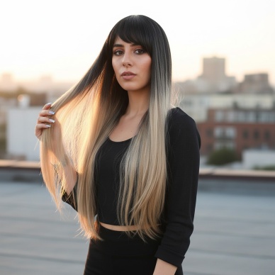 Fiber Sentetik Uzun Düz Kahküllü Peruk - Siyah / Balköpüğü Ombreli