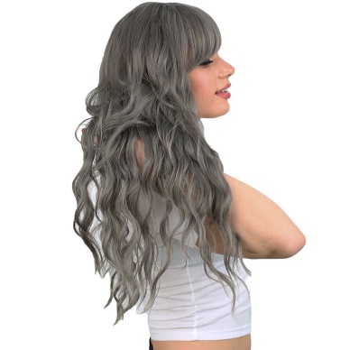 Perçemli Uzun Su Dalgası Fiber Sentetik Peruk- Koyu Gri