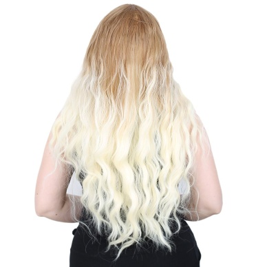 Su Dalgası Uzun Perçemsiz Fiber Sentetik Peruk - Balköpüğü / Platin Orta Ombreli