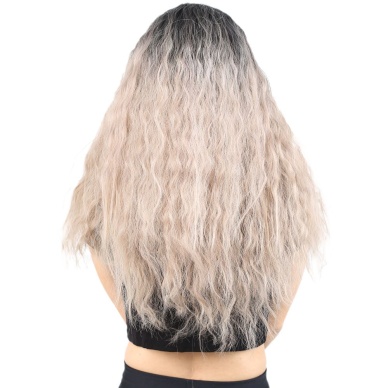 Kabarık Dalgalı Uzun Fiber Sentetik Peruk - Siyah / Küllü Bebek Sarı  Ombreli