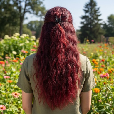 Fiber Sentetik Kabarık Dalgalı Yarım Ay + 2 Yan Çıt Çıt - Koyu Kızıl