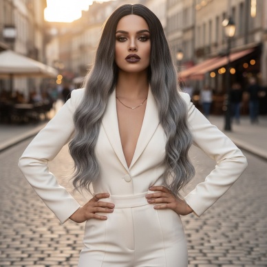 Fiber Sentetik Uzun Su Dalgası Peruk - Siyah Gri Ombreli