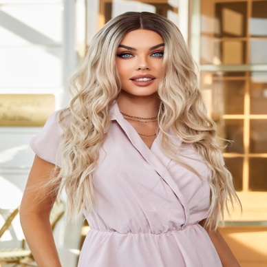 Kumral Ombre/ Balköpüğü Platin Röfleli Orta Boy Tül Peruk