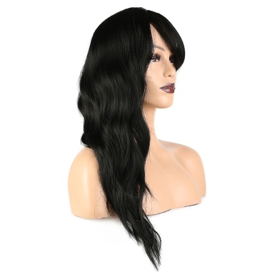 Dalgalı Perçemli Fiber Sentetik Orta Boy Peruk - Siyah