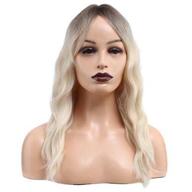 Dalgalı Perçemli Fiber Sentetik Orta Boy Peruk - Kahverengi / Beyaz Platin Ombreli