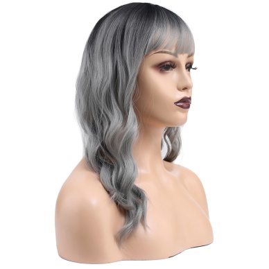 Dalgalı Kısa Perçemli Fiber Sentetik Peruk - Siyah / Gri Ombreli