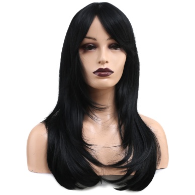 Katlı Kesim Perçemli Düz Fiber Sentetik Orta Boy Peruk - Siyah