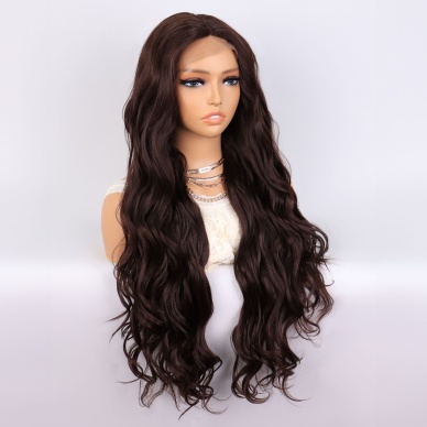 Kahverengi Uzun Dalgalı  Fiber Sentetik Tül Peruk