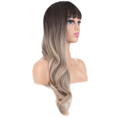 Doğal Dalgalı Perçemli Fiber Sentetik Uzun Boy Peruk - Koyu Kumral / Rus Kumralı Ombreli