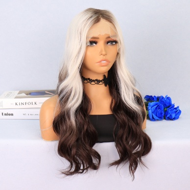 Kumral / Beyaz Platin Ombre Uçlar Kahverengi Su Dalgalı Tül Peruk