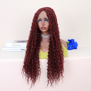 Kızıl Kahve Uzun Kıvırcık Dalgalı Fiber Sentetik Tül Peruk