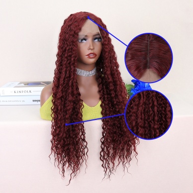 Kızıl Kahve Uzun Kıvırcık Dalgalı Fiber Sentetik Tül Peruk