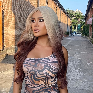 Platin Çikolata Kahve Ombreli Uzun Dalgalı Tül Peruk