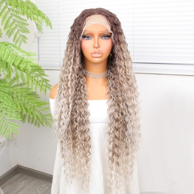 Afro Dalga Rus Kumralı Beyaz Platin Ombreli Işıltılı Fiber Sentetik Tül Peruk