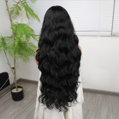 Siyah Ekstra Uzun Fiber Sentetik Dalgalı Tül Peruk