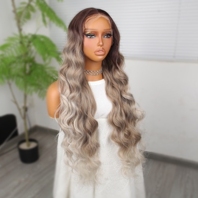 Rus Kumralı Beyaz Platin Ombreli Işıltılı Ekstra Uzun Fiber Sentetik Dalgalı Tül Peruk