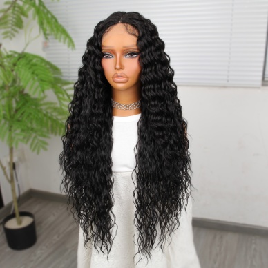 Yoğun Dalga Siyah Fiber Sentetik Geniş T Tül Peruk