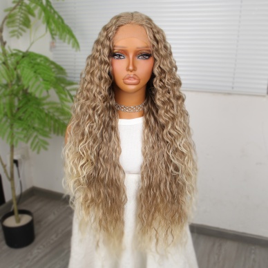 Yoğun Dalga Kumral Platin Röfleli Fiber Sentetik Geniş T Tül Peruk