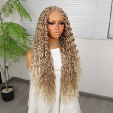 Yoğun Dalga Kumral Platin Röfleli Fiber Sentetik Geniş T Tül Peruk