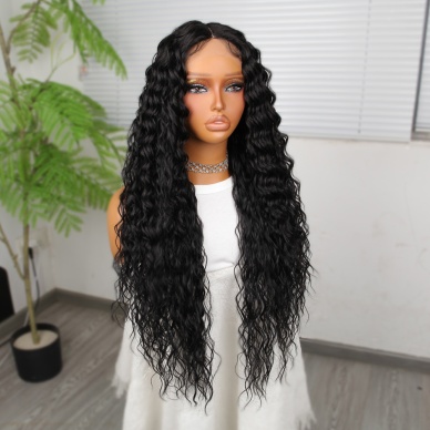 Ekstra Uzun Yoğun Afro Dalga Siyah Fiber Sentetik Geniş T Tül Peruk