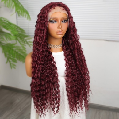 Afro Dalga Koyu Kızıl Fiber Sentetik T Tül Peruk