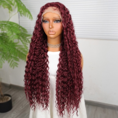 Afro Dalga Koyu Kızıl Fiber Sentetik T Tül Peruk