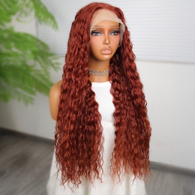 Afro Dalga Koyu Bakır Fiber Sentetik T Tül Peruk